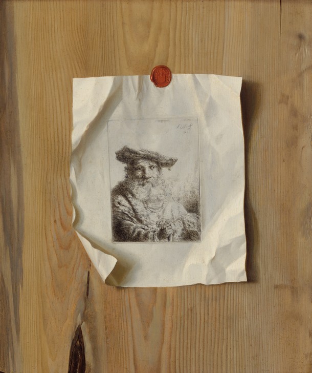 Anonym, Trompe l’Oeil of an Etching by Ferdinand Bol, ca 1675 (Bild Im Bild, Trompe l'Oeil,  Portrait, Papier, zerknittert, Pinnwand, Wunschgröße, Malerei, Wohnzimmer, bunt)