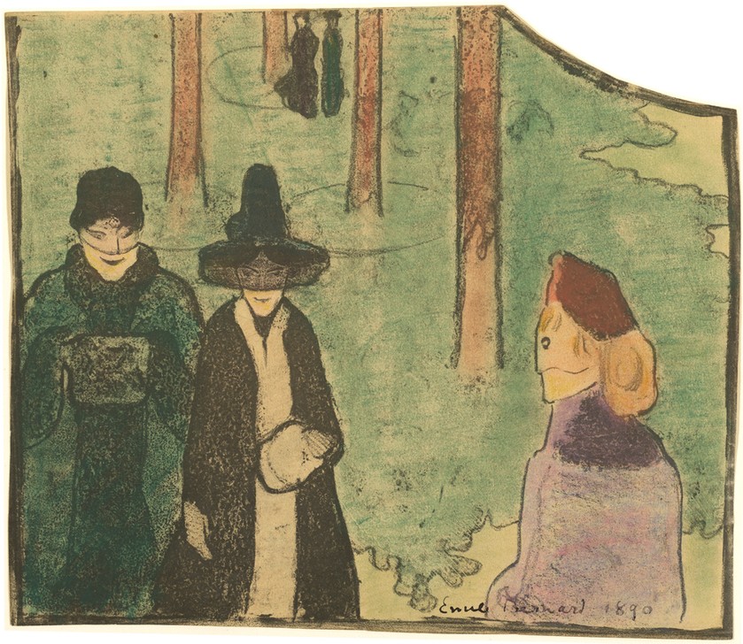 Emile Bernard, In the Woods, 1890 (Frauen, Hüte, Winter, Spaziergang, Wald, Schule von Pont-Aven,  Malerei, Cloisonismus, Klassische Moderne,  Wohnzimmer, Wunschgröße, bunt)