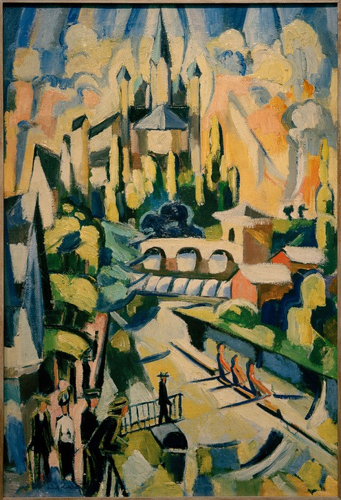 Helmuth Macke, Der Dom zu Limburg (Architektur,Boot,Brücke,Christentum,Deutsche Kunst,Dom,Geographie,Katholische Kirche,Kirche,Kunst,Landschaft,Mensch,Religion,Rudern,Ruderboot,Spaziergang,Sport,Stadt,Gotik,Fluss,Romanik,Expressionismus,Vedute,Stadtansicht,Architekturdarstellung,Ansicht,Au)