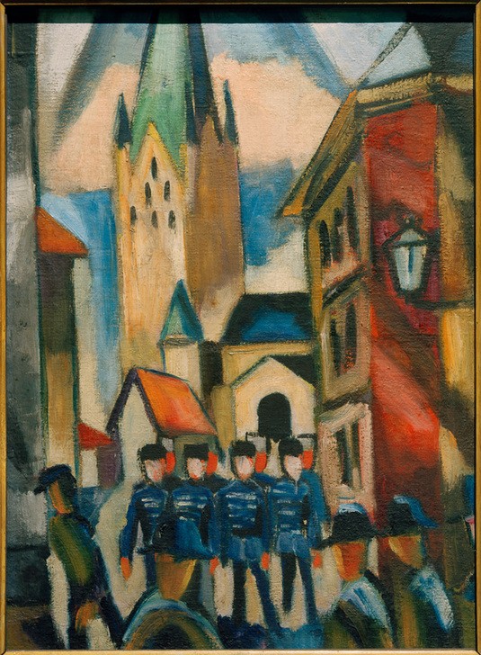 Helmuth Macke, Paderborner Dom (Architektur,Christentum,Deutsche Kunst,Dom,Geographie,Gruppenbild,Haus,Kirche,Kunst,Mann,Mensch,Religion,Stadt,Turm,Wohnhaus (Allgemein),Gotik,Expressionismus,Vedute,Stadtansicht,Architekturdarstellung,Ansicht,Aussenansicht,Kirchturm,Wahrzeichen,In Reih U)