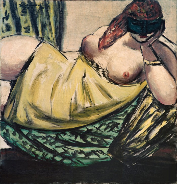 Max Beckmann, Alfi mit Maske (Aktmalerei, Busen, nackt, Maske, Personen, Klassische Moderne, Malerei, Expressionismus, Mensch und Gesellschaft, Wunschgröße, Wohnzimmer, bunt)