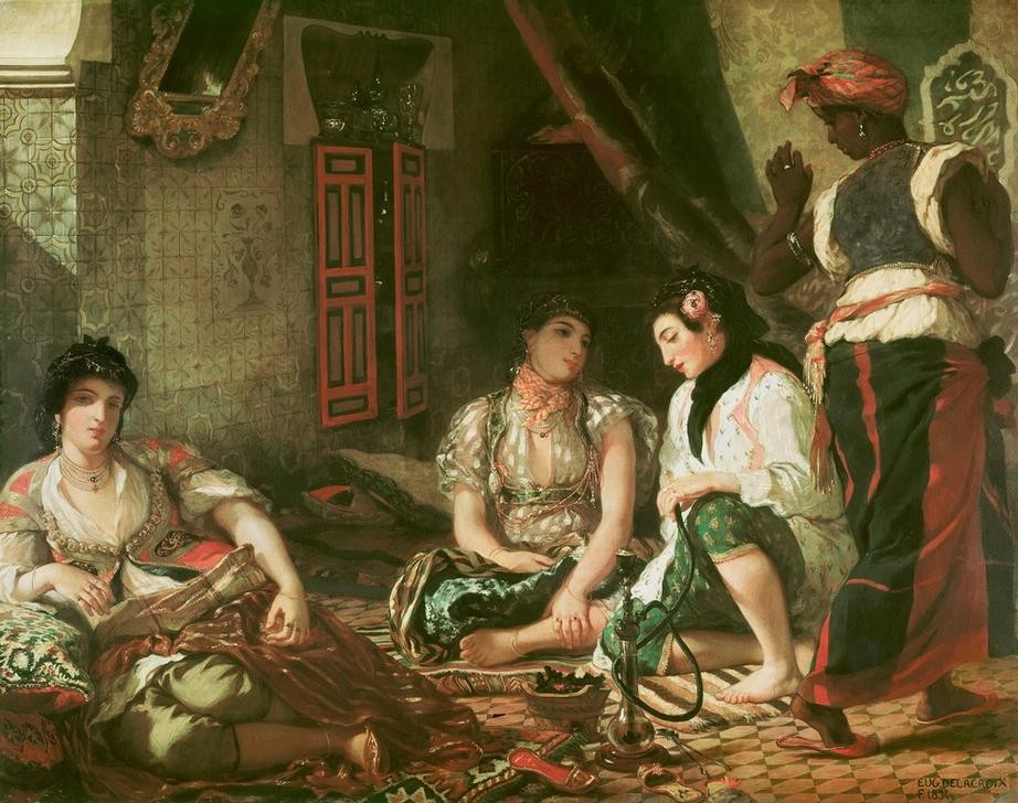 Eugene Delacroix, Les femmes d’Alger dans leur appartement (Frau,Rose,Völkerkunde,Sklave,Orientalismus,Harem,Schwarze,Interieur,Französische Kunst,Kachel,Wasserpfeife,Frauenleben,Romantik,Fliese,Schwarzer,Land Und Leute)