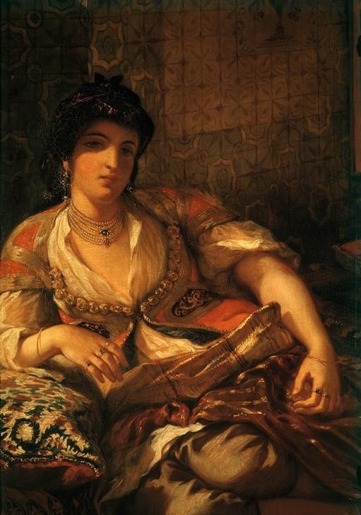 Eugene Delacroix, Les femmes d’Alger dans leur appartement (Frau,Völkerkunde,Sklave,Orientalismus,Harem,Schwarze,Interieur,Französische Kunst,Kachel,Wasserpfeife,Frauenleben,Romantik,Fliese,Schwarzer,Land Und Leute,Ausschnitt)