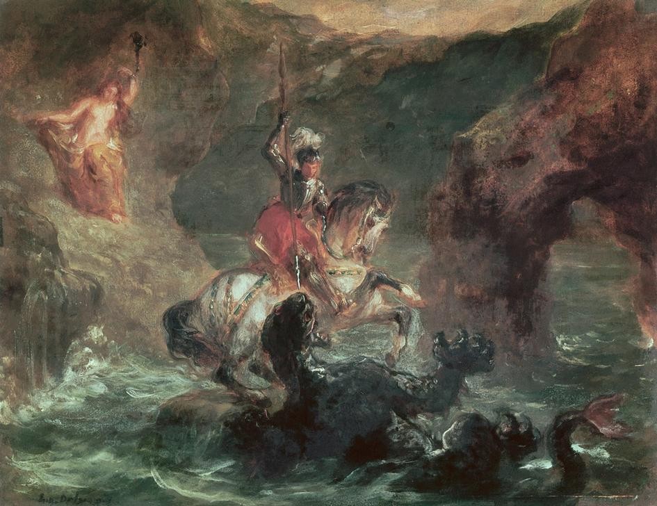 Eugene Delacroix, Saint Georges combattant le dragon, dit aussi Persée delivr (Christentum,Heilige,Kunst,Mythologie,Religion,Ritter,Historismus,Akt,Kampf Zwischen Mensch Und Tier,Befreiung (Gefangenschaft),Heiligenlegende,Französische Kunst,Tier,Romantik,Heiliger,Drache (Fabelwesen),Griechisch-Römische Mythologie)