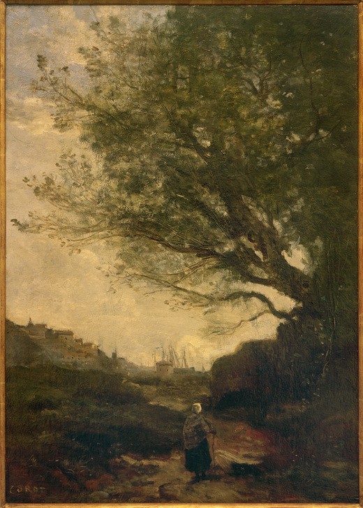 Camille Corot, La Rochelle (Architektur,Freilichtmalerei,Frau,Geographie,Hafen,Küste,Kunst,Landschaft,Mensch,Schiff,Segelschiff,Spaziergang,Stadt,Turm,Wald,Baum,Vedute,Rückenfigur,Stadtansicht,Architekturdarstellung,Weg,Schule Von Barbizon,Französische Kunst,Ansicht,Waldweg,Topograp)