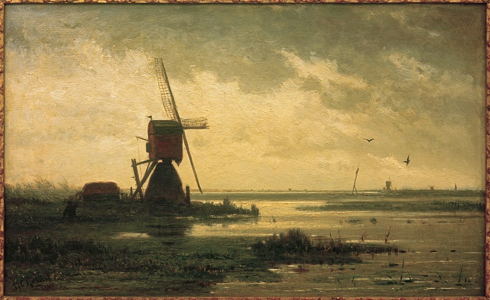 Paul Joseph Constantin Gabriel, Polderlandschaft (Landschaft, Landschaftsmalerei, Windmühle, Mühle, Niederlande, Haager Schule, Gewässer, Horizont, Wunschgröße, Klassische Moderne, Wohnzimmer)