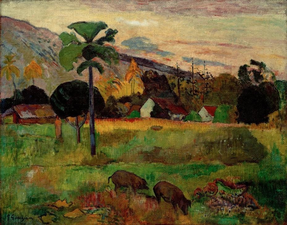 Paul Gauguin, Haere Mai (Dorf,Haus,Kunst,Landschaft,Palme,Schwein,Baum,Französische Kunst,Hügel,Tier,Tropen,Berg,Synthetismus)