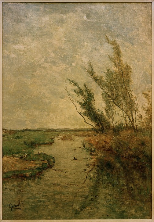 Paul Joseph Constantin Gabriel, Polderlandschaft (Bach, Gewässer, Himmel, Landschaft, Wolken, Ufer, Gewächse, Niederlande,     Haager Schule, Wunschgröße, Klassische Moderne, Wohnzimmer, Treppenhaus)