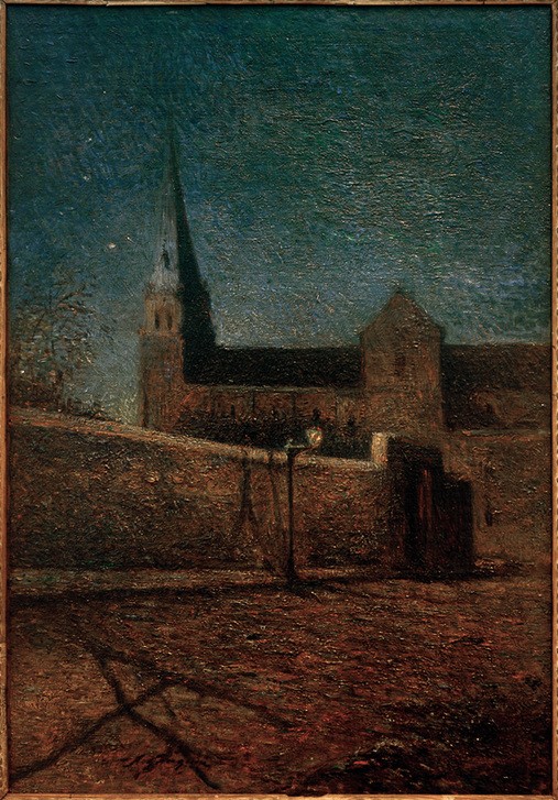 Paul Gauguin, L'église de Vaugirard (Architektur,Christentum,Himmel (Natur),Kirche,Kunst,Laterne,Licht Und Beleuchtung,Mauer (Architektur),Mensch,Religion,Strasse (Allgemein),Strassenlaterne,Stern,Tageszeiten,Abend,Nacht,Impressionismus,Schatten,Architekturdarstellung,Französische Kunst,Fuss)