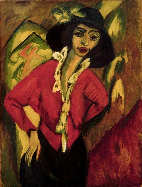 Ernst Ludwig Kirchner, Frauenkopf, Gerda (Damenhut,Damenmode,Deutsche Kunst,Frau,Kopfbedeckung,Kunst,Mensch,Mode,Hut,Portrait,Expressionismus,Die Brücke,Kleidung (Allgemein),Halbfigur,Körperhaltung,Hände In Die Hüfte Stemmen)