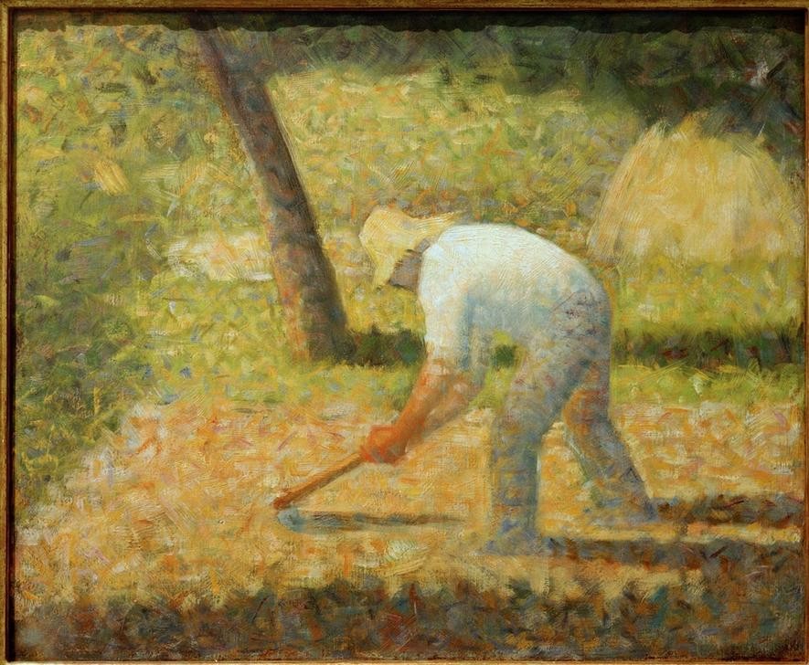 Georges Seurat, Paysan à la houe (Ackerbau,Arbeit,Bauer (Landwirt),Geräte,Kunst,Landschaft,Mann,Mensch,Hut,Pointillismus,Hacke,Französische Kunst,Feld,Sonnenhut,Landleben,Landbevölkerung,Landarbeit,Feldarbeit,Landwirtschaft)