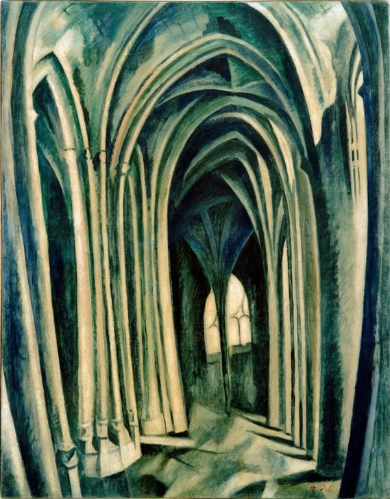 Robert Delaunay, Saint-Séverin No. 3 (Architektur,Kirche,Kunst,Kubismus,Interieur,Architekturdarstellung,Französische Kunst,Ansicht,Innenansicht,Grün,Monochromie,Bogengang,Farbe)
