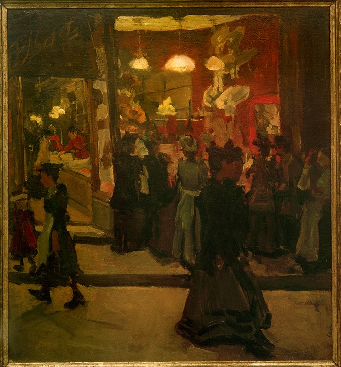 Isaac Israels, Hutgeschäft Mars in Amsterdam (Damenmode,Fenster,Frau,Handel,Kopfbedeckung,Kunst,Licht Und Beleuchtung,Mensch,Mode,Schaufenster,Stadt,Strasse (Allgemein),Strassenszene,Volkskunde,Handel Und Gewerbe,Tageszeiten,Abend,Impressionismus,Hut,Hutgeschäft,Laden,Niederländische Kunst,Menschenme)
