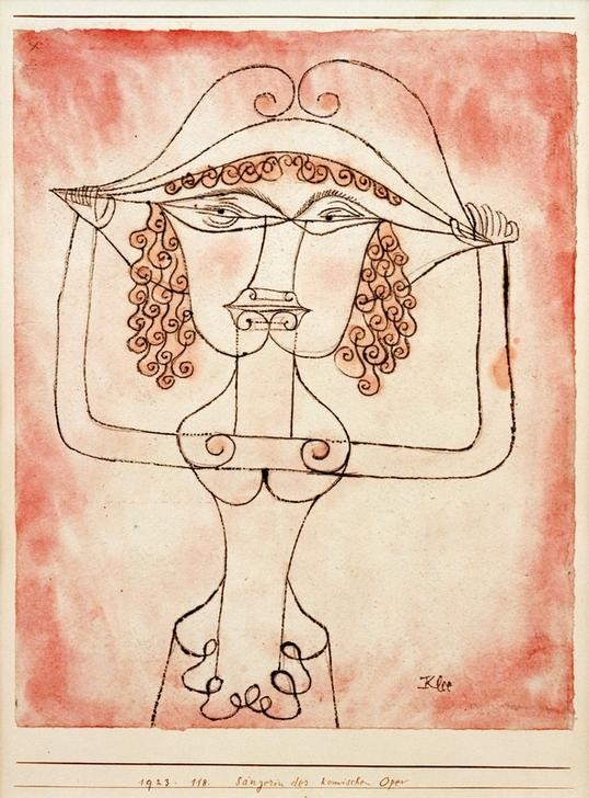 Paul Klee, Sängerin der komischen Oper (Bauhaus,Deutsche Kunst,Frau,Gesang,Geschichte,Handschrift,Kopfbedeckung,Kunst,Musik,Sängerin,Hut,Operette,Portrait,Schweizerische Kunst,Mund,Locke,Rosa (Farbe),Halbfigur,Schrift,Frisur,Signatur,Farbe)