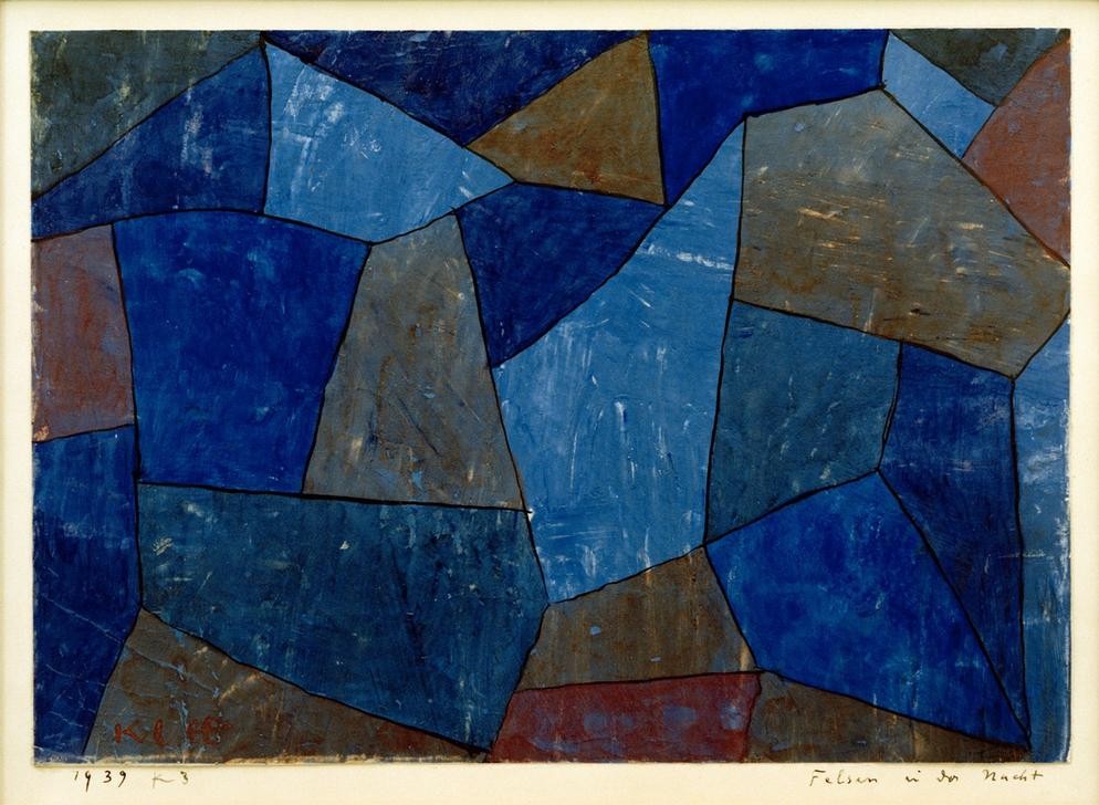 Paul Klee, Felsen in der Nacht (Bauhaus,Deutsche Kunst,Handschrift,Kunst,Landschaft,Tageszeiten,Nacht,Abstrakte Kunst,Felsen,Schweizerische Kunst,Blau,Abstraktion,Schrift,Farbe)