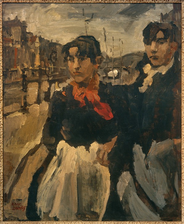 Isaac Israels, Zwei Mädchen an der Lijnbaansgracht (Frau,Kunst,Mädchen,Mensch,Stadt,Strassenszene,Volkskunde,Impressionismus,Portrait,Niederländische Kunst,Holländische Kunst,Frauenleben,Junge Frau,Kniestück,Halbprofil,Fussgängerin,Haager Schule,Land Und Leute,Signatur,Gracht)
