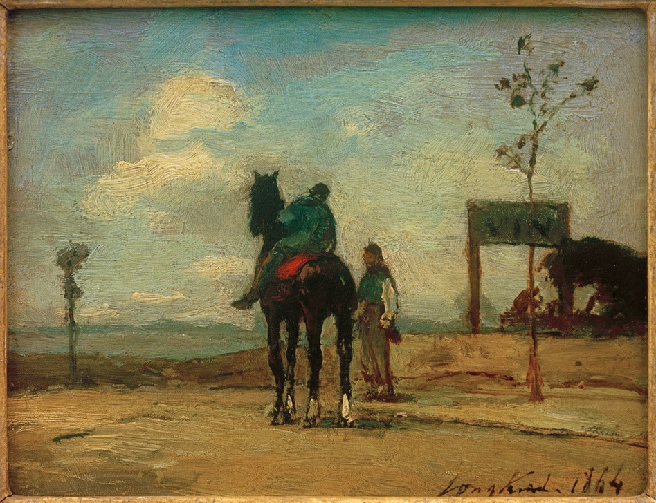 Johan Barthold Jongkind, Reiter und Figur in Landschaft (Kunst,Landschaft,Mann,Mensch,Pferd (Tier),Verkehr,Wein,Impressionismus,Reiter,Schule Von Barbizon,Niederländische Kunst,Holländische Kunst,Tier,Weinhandel,Begegnung,Reiten,Schild (Information),Signatur,Unterhaltung (Gespräch))