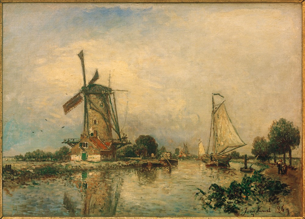 Johan Barthold Jongkind, Bei Overschie (Boot,Gewässer,Kanal,Kunst,Landschaft,Mühle,Verkehr,Windmühle,Impressionismus,Segelboot,Fluss,Schule Von Barbizon,Niederländische Kunst,Holländische Kunst,Signatur,Schifffahrt,Wasserweg)