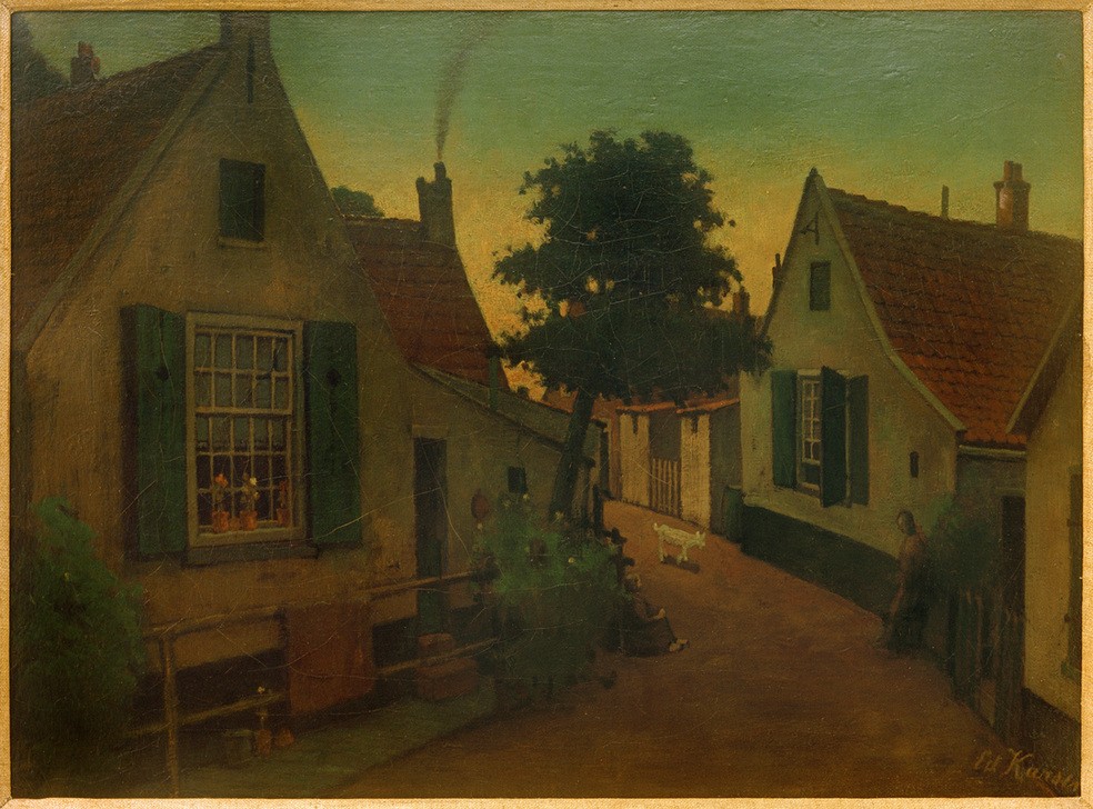 Eduard Karsen, Straße in Domburg (Architektur,Dorf,Haus,Kunst,Stadt,Strasse (Allgemein),Wohnhaus (Allgemein),Tageszeiten,Abend,Morgen,Hund,Architekturdarstellung,Niederländische Kunst,Holländische Kunst,Ansicht,Dämmerung,Tier,Signatur)