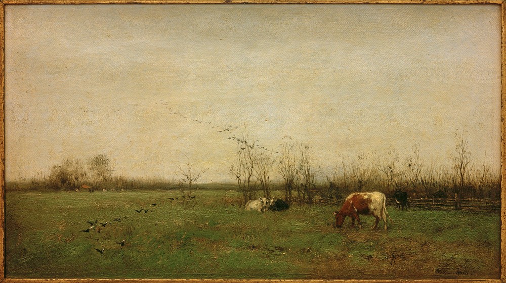 Willem Maris, Weidelandschaft (Biologie,Kunst,Landschaft,Milchwirtschaft,Rinderzucht,Rind,Vogel,Weide,Zoologie,Wiese,Ebene,Niederländische Kunst,Holländische Kunst,Im Freien (Allgemein),Tierleben,Tierhaltung,Tier,Vogelschwarm,Vieh,Haager Schule,Nutztier,Landwirtschaft,Viehzucht,Signatu)