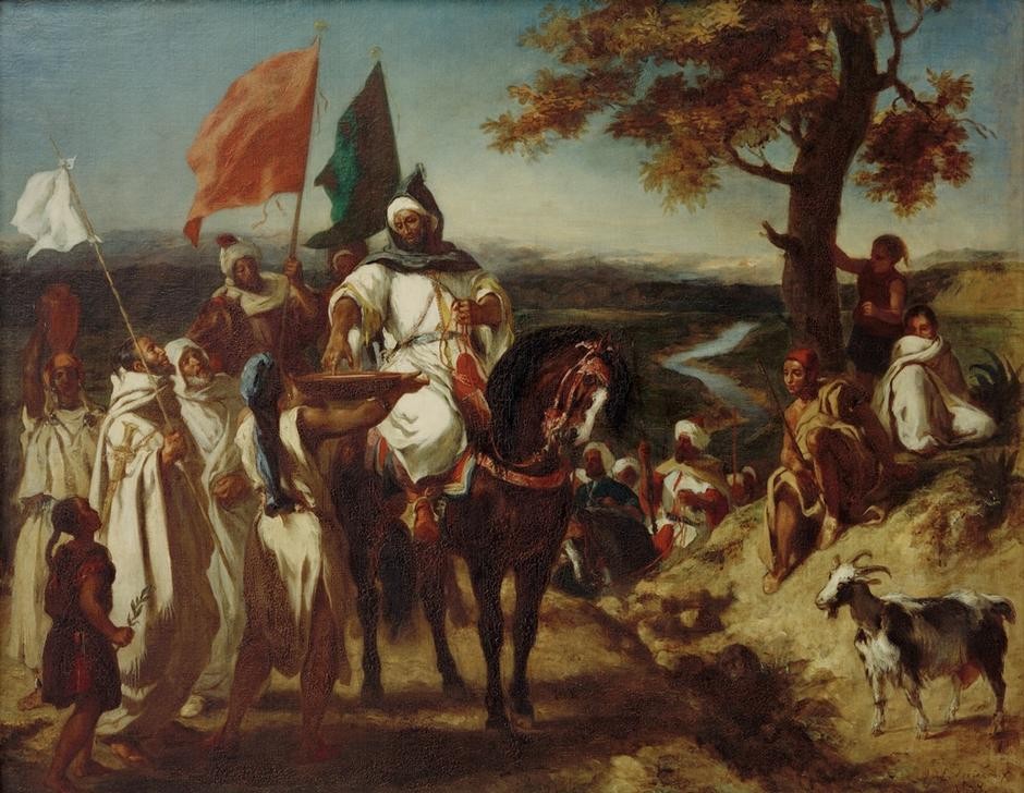 Eugene Delacroix, Le Kaïd, chef marocain (Milch,Militär,Soldat,Völkerkunde,Reiter,Ziege,Begrüssung,Orientalismus,Schale (Gefäss),Französische Kunst,Fahnenträger,Landbevölkerung,Reiten,Kaid,Land Und Leute,Fahne,Truppe)