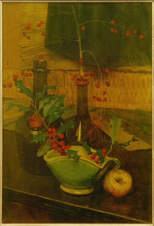 Piet Meiners, Stillleben mit Steingutgefäß (Apfel,Botanik,Früchte,Glas,Kunst,Obst,Nahrungsmittel,Tisch,Stillleben,Schale (Gefäss),Flasche,Niederländische Kunst,Gefäss,Stechpalme,Beere,Zweig,Jahrhundertwende,Steingut,Signatur)