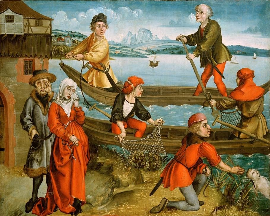 Albrecht Dürer, Wunderbare Errettung eines ertrunkenen Knaben (Deutsche Kunst,Fischer,Kind,Tod,Fischerboot,Gotik,Kleinkind,Weinen,Kindstod,Netz,Traurigkeit,Sorge,Ufer,Eltern,Spätgotik,Fischernetz,Ertrinken)