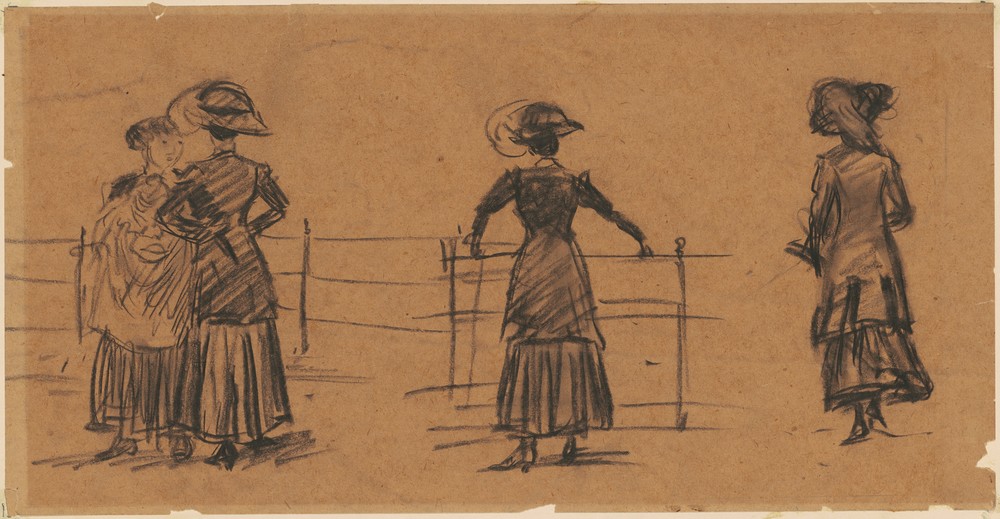 William Glackens, Frauenstudien am Parkgeländer (Damenmode,Frau,Garten Und Park,Kopfbedeckung,Kunst,Menschen Im Park,Mensch,Mode,Park,Hut,Zaun,Realismus,Amerikanische Kunst,Us-Amerikanische Kunst,Menschen Im Garten,Frauenleben,Jahrhundertwende,Skizze,Studie,Entwurf,Unterhaltung (Gespräch),Ashcan School)