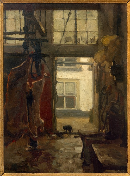 Willem Bastiaan Tholen, Innenraum eines Schlachthauses (Handwerk Und Gewerbe,Katze (Tier),Kunst,Schlachten,Schwein,Tür,Nahrungsmittel,Schlachthof,Fleisch,Interieur,Helldunkel,Niederländische Kunst,Holländische Kunst,Ansicht,Innenansicht,Tier,Durchblick,Schweinefleisch,Handwerk,Signatur,Gewerbe,Kadaver)