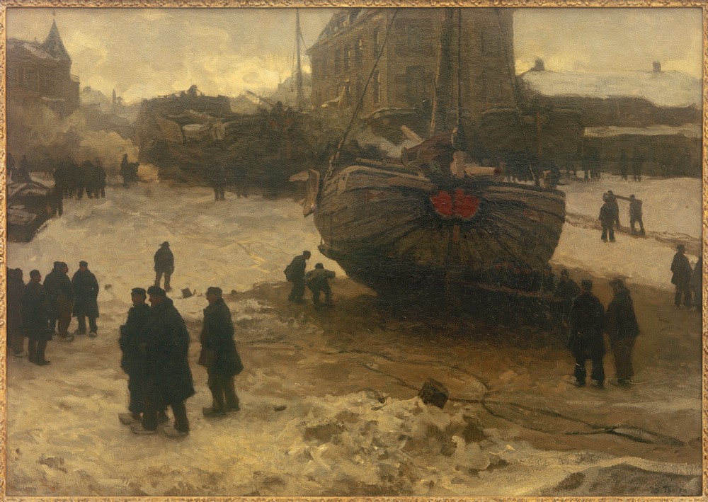 Willem Bastiaan Tholen, Fischerboote in Scheveningen (Boot,Fischer,Fischerei,Jahreszeiten,Küste,Kunst,Landschaft,Mann,Mensch,Schiff,Strand,Winter,Fischerboot,Niederländische Kunst,Holländische Kunst,Ufer,Signatur,Schifffahrt)