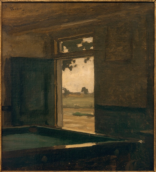 Willem Bastiaan Tholen, Das Billard (Billard,Kunst,Spiel,Tür,Interieur,Helldunkel,Niederländische Kunst,Holländische Kunst,Ansicht,Innenansicht,Jahrhundertwende,Billardtisch,Durchblick,Billardzimmer,Ausblick,Signatur,Aussicht)