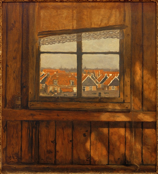 Willem Bastiaan Tholen, Atelierfenster (Atelier,Architektur,Fenster,Kunst,Stadt,Holz,Interieur,Architekturdarstellung,Blick Aus Dem Fenster,Niederländische Kunst,Holländische Kunst,Ansicht,Dachlandschaft,Innenansicht,Licht Und Schatten,Atelierfenster,Ausblick,Signatur,Aussicht)