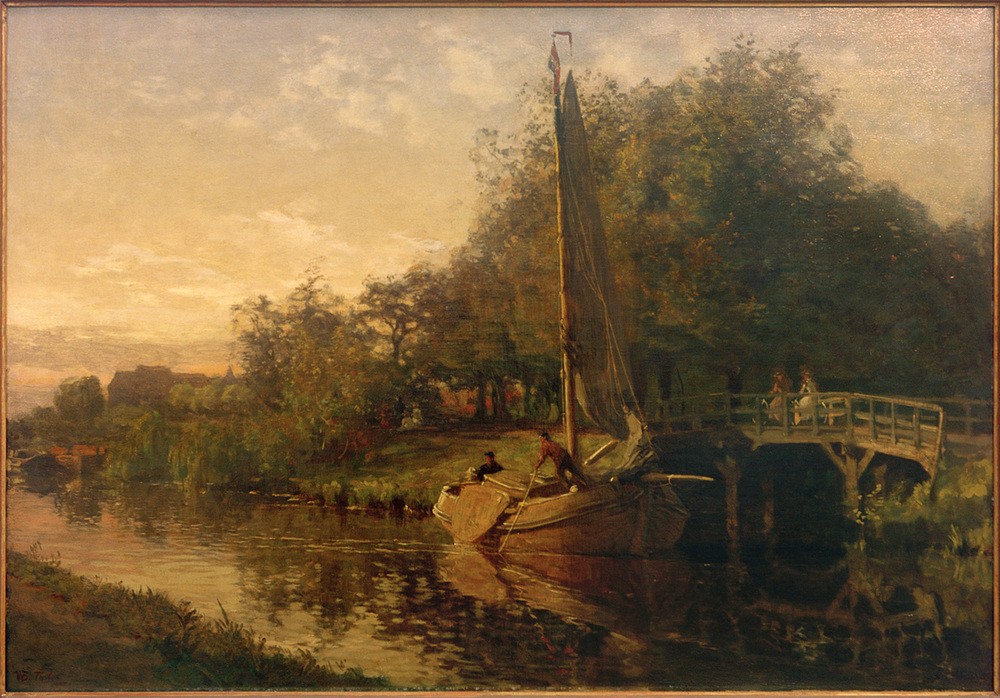 Willem Bastiaan Tholen, Bei der Weißen Brücke (Boot,Brücke,Gewässer,Kanal,Kunst,Landschaft,Mann,Mensch,Schiff,Segelschiff,Stadt,Verkehr,Volkskunde,Fischerboot,Impressionismus,Segelboot,Niederländische Kunst,Holländische Kunst,Binnenschiffahrt,Jahrhundertwende,Land Und Leute,Signatur,Gracht,Schifffahrt)