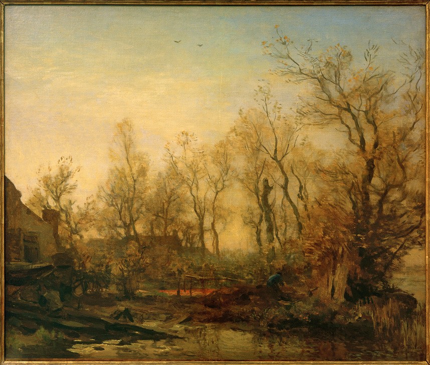 Willem Bastiaan Tholen, De Kaag (Gewässer,Haus,Kunst,Landschaft,Mann,Mensch,Impressionismus,See,Baum,Niederländische Kunst,Holländische Kunst,Ufer,Jahrhundertwende,Signatur)