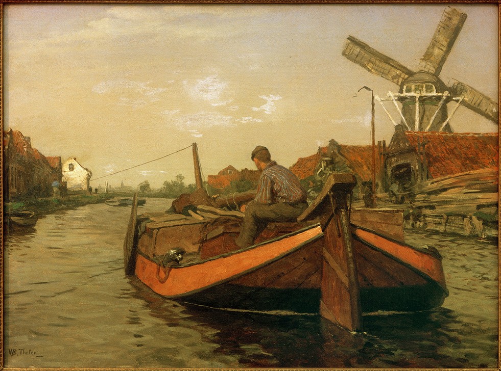Willem Bastiaan Tholen, Treckschute im Kanal (Boot,Gewässer,Kahn,Kanal,Kunst,Landschaft,Mann,Mensch,Mühle,Schiff,Schiffstypen,Verkehr,Volkskunde,Windmühle,Treideln,Technik,Niederländische Kunst,Holländische Kunst,Binnenschiffahrt,Schiffer,Holzboot,Männerleben,Land Und Leute,Signatur,Treckschuite,Schi)
