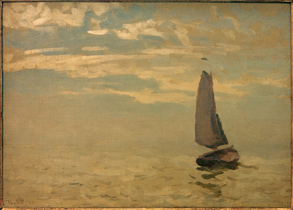 Willem Bastiaan Tholen, Früher Morgen, Zuiderzee (Boot,Himmel (Natur),Kunst,Landschaft,Meteorologie,Schiff,Wetter,Wolke,Tageszeiten,Morgen,Meer,Segelboot,Niederländische Kunst,Holländische Kunst,Signatur,Schifffahrt)