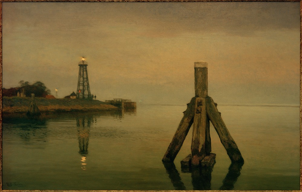 Willem Bastiaan Tholen, Duckdalbe (Hafen,Kunst,Landschaft,Leuchtturm,Licht Und Beleuchtung,Mole,Tageszeiten,Abend,Meer,Spiegelung,Marinemalerei,Niederländische Kunst,Licht,Holländische Kunst,Navigation,Ansicht,Dämmerung,Pfahl,Signatur,Schifffahrt,Dalbe)