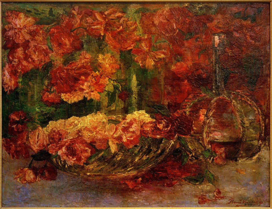 Floris Verster, Monatsrosen nach dem Fest (Botanik,Feste,Glas,Kunst,Rose,Impressionismus,Stillleben,Schale (Gefäss),Festdekoration,Vase,Flasche,Niederländische Kunst,Holländische Kunst,Gefäss,Transparenz,Karaffe,Blume,Blüte,Kristall,Rosa (Farbe),Rot,Glasvase,Pflanze,Signatur,Feier,Farbe)