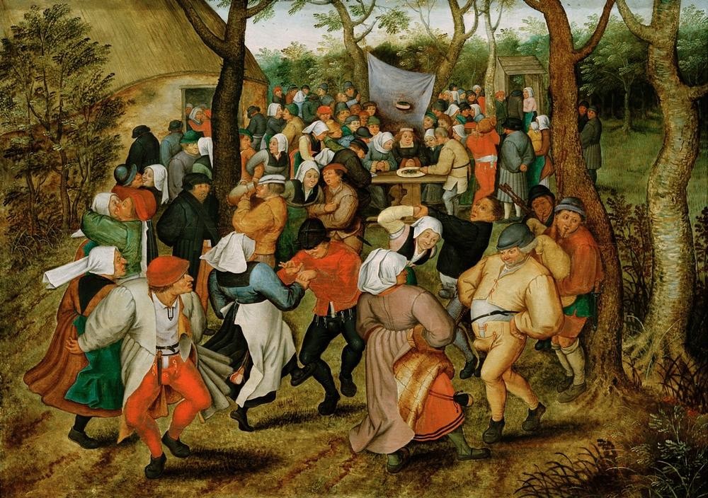 Pieter Brueghel der Jüngere, Der Hochzeitstanz im Freien (Bauernhaus,Dudelsack,Hochzeit,Liebe Und Ehe,Mensch,Musik,Tanz,Volkskunde,Instrument,Renaissance,Volkstanz,Niederländische Kunst,Im Freien (Allgemein),Landleben,Ausgelassenheit,Landbevölkerung,Dorfleben,Land Und Leute,Garten)