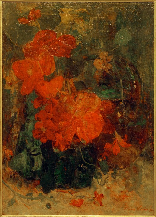 Floris Verster, Begonien und Kapuzinerkresse (Botanik,Kunst,Impressionismus,Stillleben,Topfpflanze,Niederländische Kunst,Holländische Kunst,Kapuzinerkresse,Blume,Blüte,Jahrhundertwende,Begonie,Rot,Topfblume,Blumentopf,Pflanze,Signatur,Farbe)