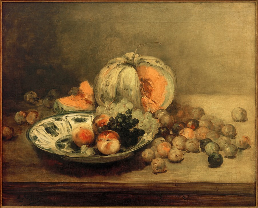 Antoine Vollon, Chinesische Schale mit Obst (Essgeschirr,Früchte,Kunst,Obst,Pflaume,Impressionismus,Nahrungsmittel,Stillleben,Schale (Gefäss),Chinoiserie,Pfirsich,Französische Kunst,Obstschale,Gefäss,Weintraube,Küchenstillleben,Melone (Frucht),Steinobst,Signatur,Geschirr (Haushalt))