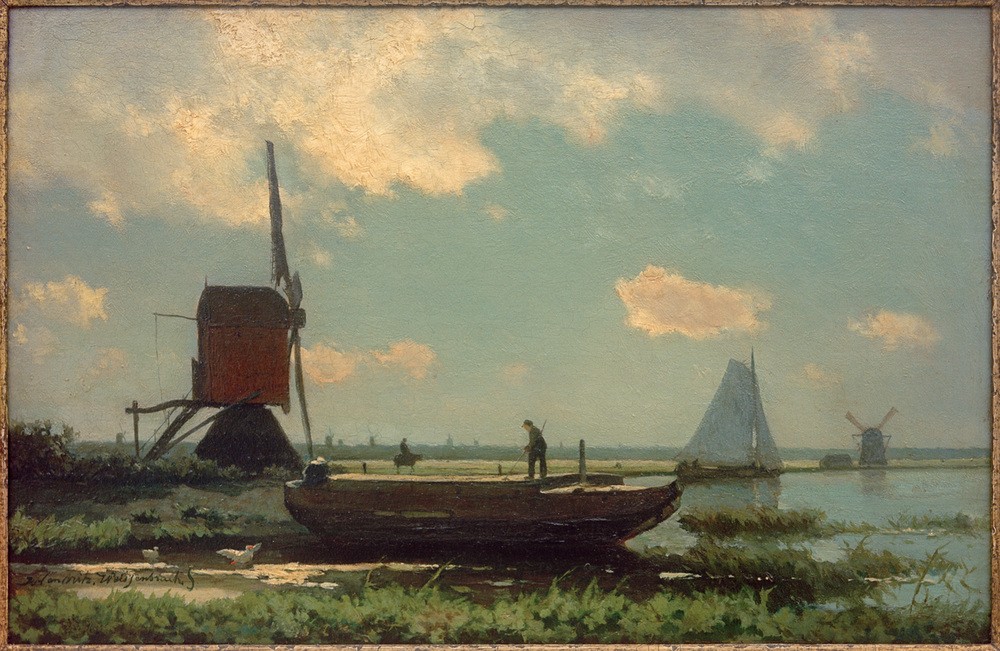 Jan Hendrik Weissenbruch, Polderlandschaft (Bauer (Landwirt),Boot,Gewässer,Himmel (Natur),Kahn,Kunst,Landschaft,Mann,Mensch,Meteorologie,Mühle,Schiff,Segelschiff,Verkehr,Vogel,Wasser,Wetter,Windmühle,Wolke,Segelboot,Fluss,Technik,Wasserbau,Ente,Niederländische Kunst,Holländische Kunst,Binnenschiffa)