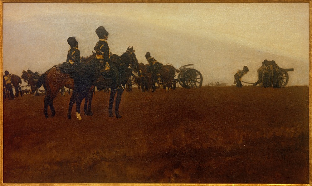 George Hendrik Breitner, Der Kanonenschuss (Artillerie,Geschichte,Kanone,Kavallerie,Kunst,Landschaft,Manöver,Mann,Mensch,Militär,Pferd (Tier),Schiessen,Soldat,Waffe,Impressionismus,Husaren,Niederländische Kunst,Holländische Kunst,Tierleben,Tier,Übung,Männerleben,Soldatenleben,Signatur)