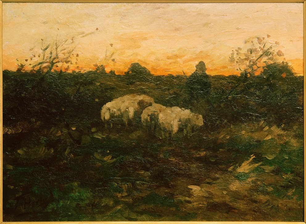 Thomas Ludwig Herbst, Schäfer mit Herde (Bauer (Landwirt),Deutsche Kunst,Kunst,Landschaft,Mann,Mensch,Schafzucht,Sonnenuntergang,Tageszeiten,Abend,Impressionismus,Hirte,Schaf,Tierleben,Landleben,Tier,Schafherde,Landbevölkerung,Herde,Vieh,Tierzucht,Nutztier,Mensch Und Tier,Hamburgischer Künstlerc)