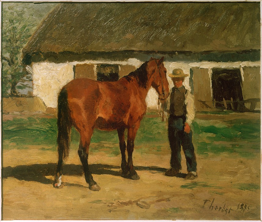 Thomas Ludwig Herbst, Braunes Pferd vor weißem Haus (Architektur,Bauer (Landwirt),Bauernhaus,Deutsche Kunst,Haus,Herrenhut,Kopfbedeckung,Kunst,Mann,Mensch,Pferd (Tier),Impressionismus,Hut,Architekturdarstellung,Landleben,Tier,Landbevölkerung,Braun,Rotbraun,Fuchs (Pferd),Mensch Und Tier,Hamburgischer Künstle)