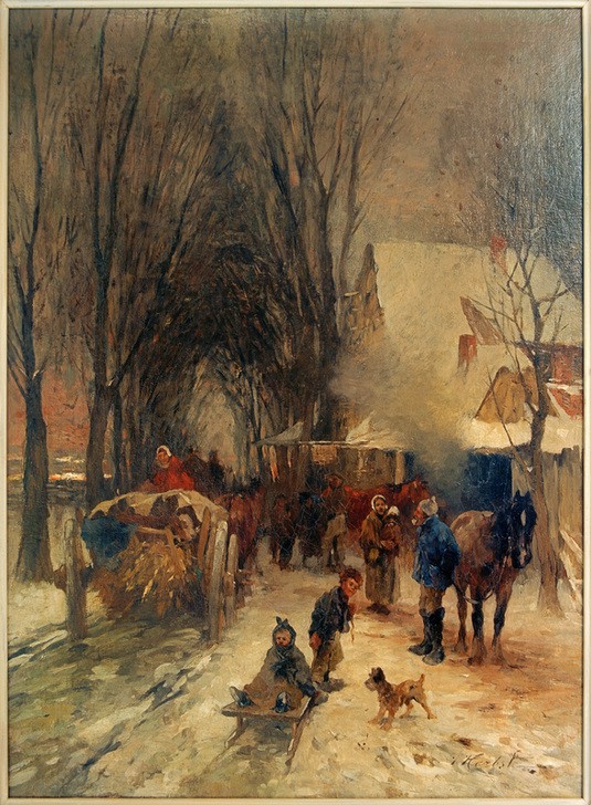 Thomas Ludwig Herbst, Dorfstraße im Winter (Deutsche Kunst,Dorfstrasse,Dorf,Frau,Haus,Jahreszeiten,Kind,Kunst,Landschaft,Mann,Mensch,Pferdefuhrwerk,Pferd (Tier),Pferdewagen,Strasse (Allgemein),Strassenszene,Szene,Transport,Verkehr,Wagen,Winter,Impressionismus,Schnee,Hund,Schlitten,Genre,Fussgänger,)