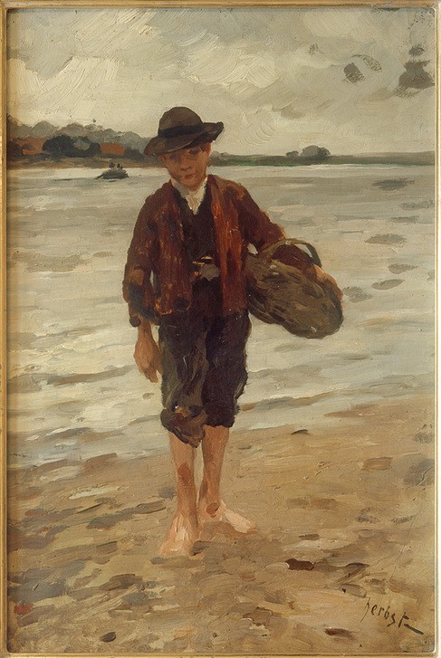 Thomas Ludwig Herbst, Fischerknabe (Arbeit,Deutsche Kunst,Fischer,Fischerei,Gewässer,Kinderarbeit,Kind,Kopfbedeckung,Kunst,Landschaft,Mensch,Strand,Volkskunde,Impressionismus,Hut,Portrait,Korb,Knabe,Barfuss,Ufer,Kleidung (Allgemein),Jahrhundertwende,Ganzfigurig,Land Und Leute,Hamburgischer)