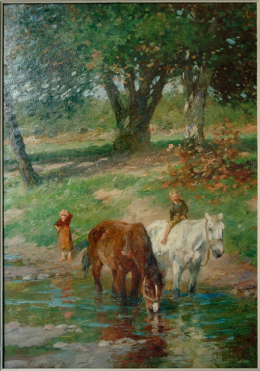 Thomas Ludwig Herbst, Pferde an der Tränke (Arbeit,Deutsche Kunst,Dorfkind,Gewässer,Kinderarbeit,Kind,Kunst,Landschaft,Mädchen,Mensch,Pferd (Tier),Pferdezucht,Wasser,Impressionismus,Reiter,Hirte,See,Trinken,Fluss,Wiese,Tränke,Kind Und Tier,Bach,Im Freien (Allgemein),Tierleben,Knabe,Tierhaltung,Ufer)