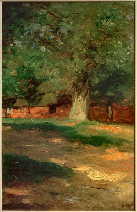 Thomas Ludwig Herbst, Bauernhaus hinter großem Baum (Architektur,Bauernhaus,Bauernhof,Deutsche Kunst,Dorf,Haus,Kunst,Landschaft,Impressionismus,Baum,Architekturdarstellung,Ansicht,Aussenansicht,Jahrhundertwende,Hamburgischer Künstlerclub,Landwirtschaft,Signatur)