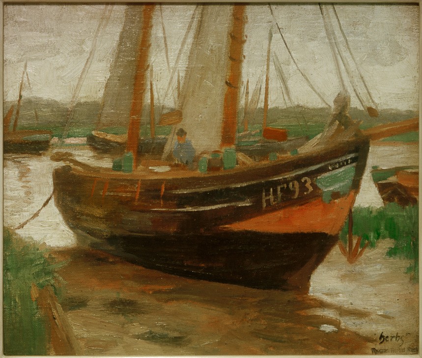 Thomas Ludwig Herbst, Finkenwerder Fischkutter (Boot,Deutsche Kunst,Fischer,Fischerei,Gewässer,Kunst,Landschaft,Mann,Mensch,Schiff,Schiffstypen,Segelschiff,Verkehr,Fischerboot,Impressionismus,Segelboot,Anker,Ufer,Jahrhundertwende,Kutter,Hamburgischer Künstlerclub,Signatur,Schifffahrt)